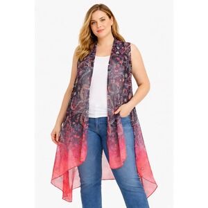 Sami & Jo Paisley Duster Vest Sheer Sleeveless Open Front Women 2X Boho